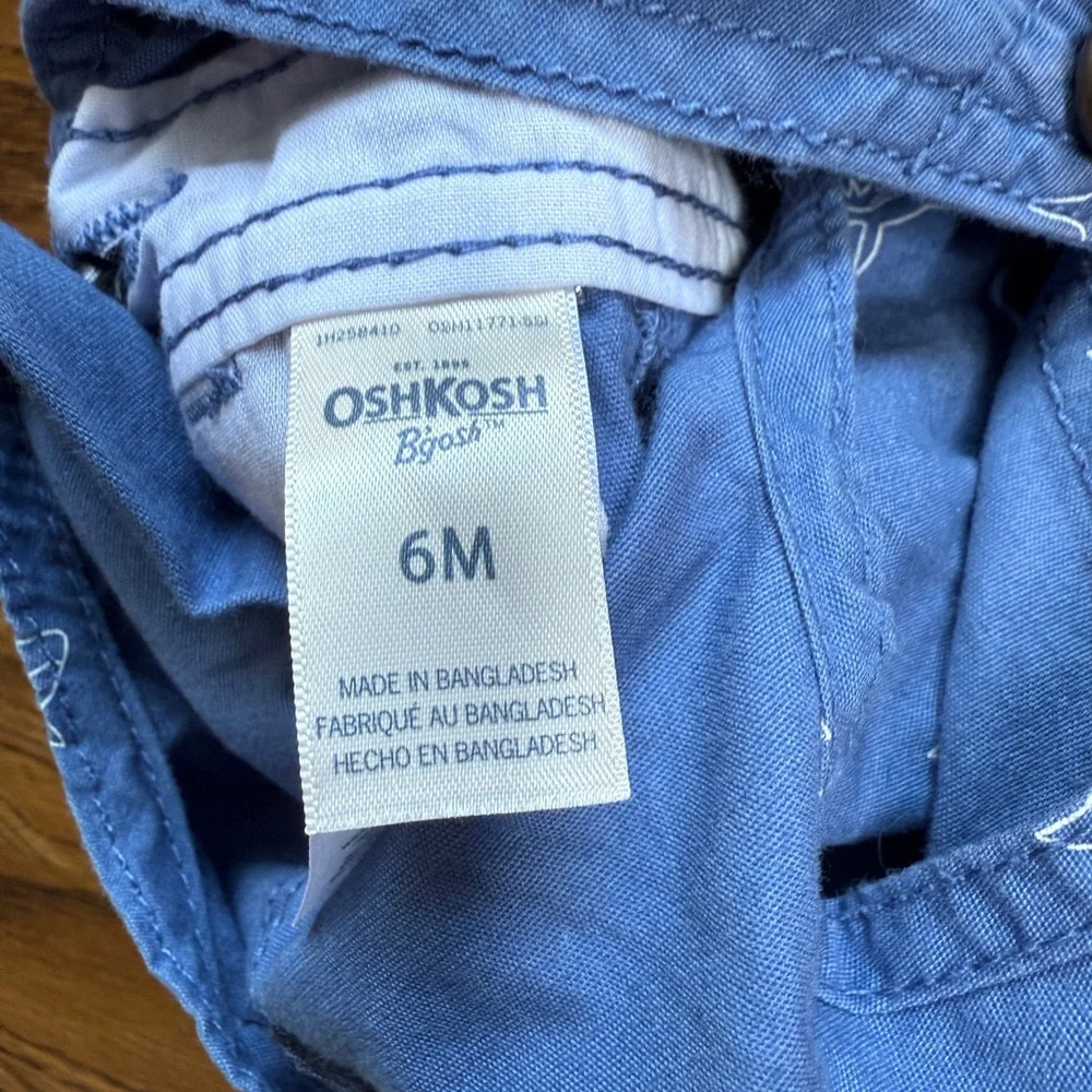 OshKosh B'gosh Kids Blue Cotton Shark Print Shortalls Size 6 Months